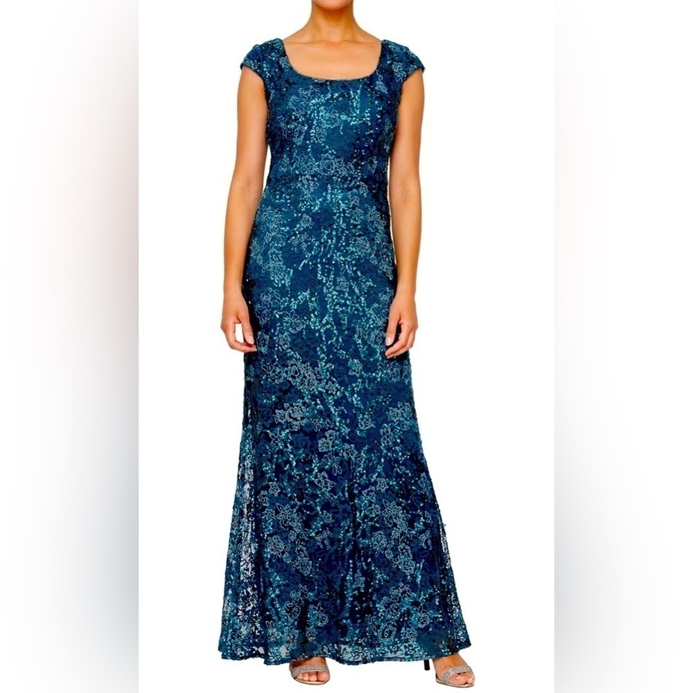 Alex Evenings Women's Long Georgous  Embroidered Cap Sleeve Dress NWT SIZE 16P